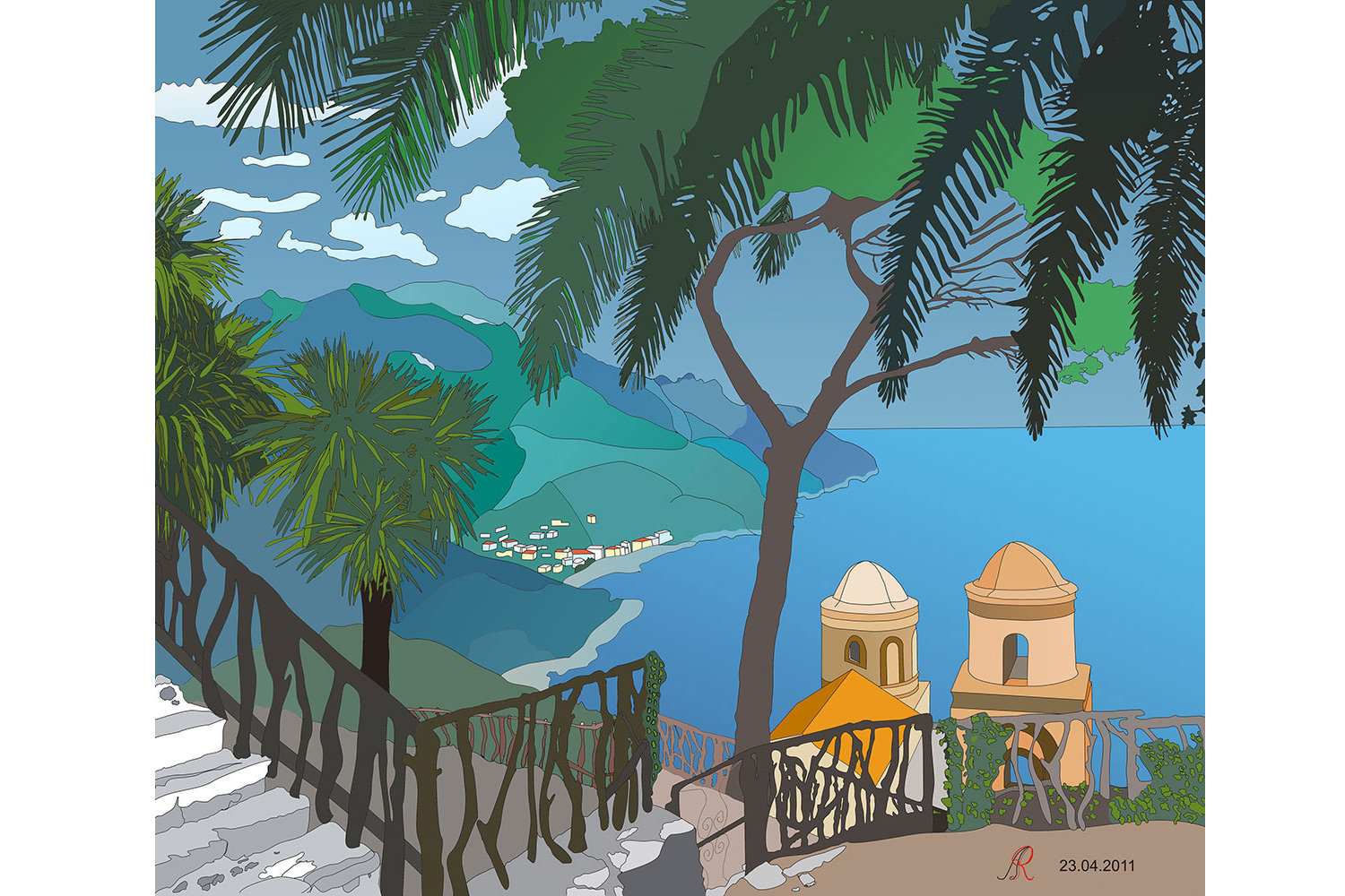 Das Ergebnis meines Malens am Stifttablett:
Ravello im Golf von Salerno in Süditalien 